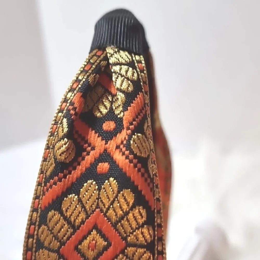 New! JEWELTONE JACQUARD SATIN FABRIC top knot orange gold black pattern headband
